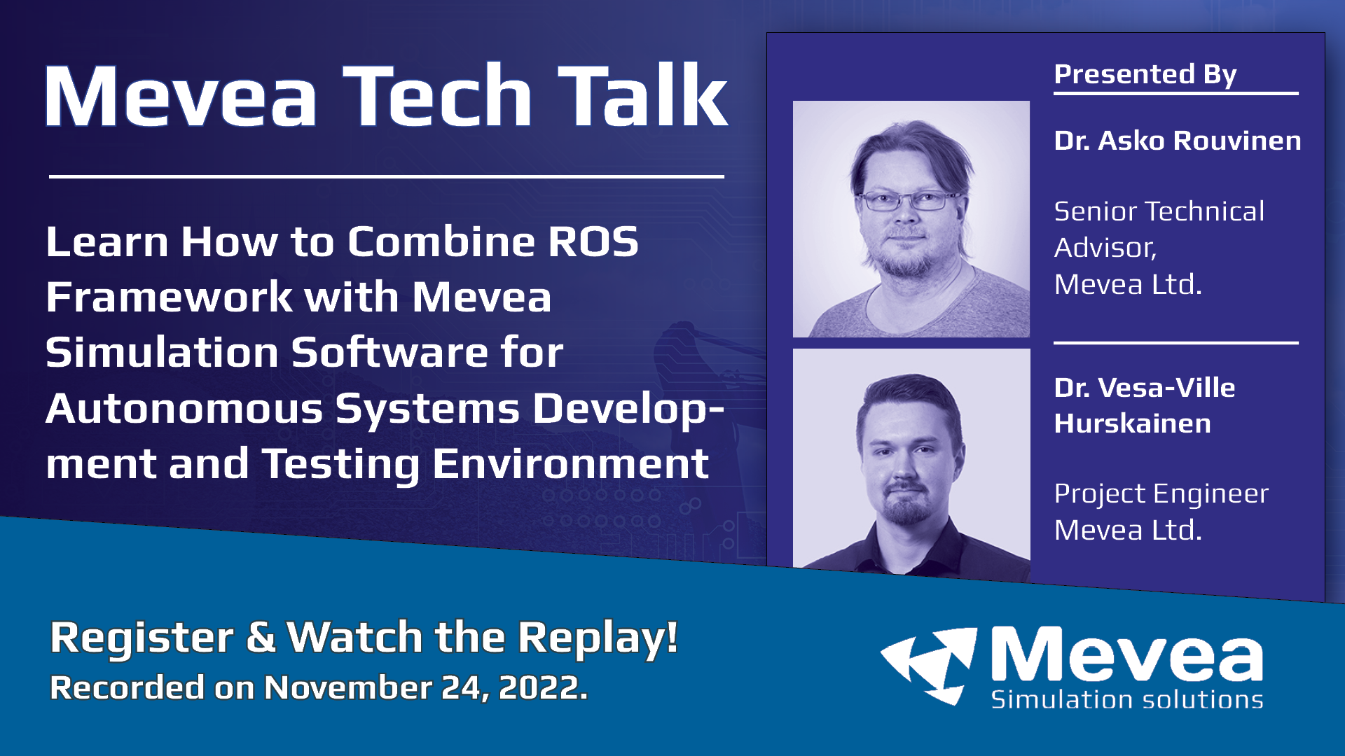 Promotional image of Mevea Tech Talk, episode 5, webinar, introducing keynote speakers.