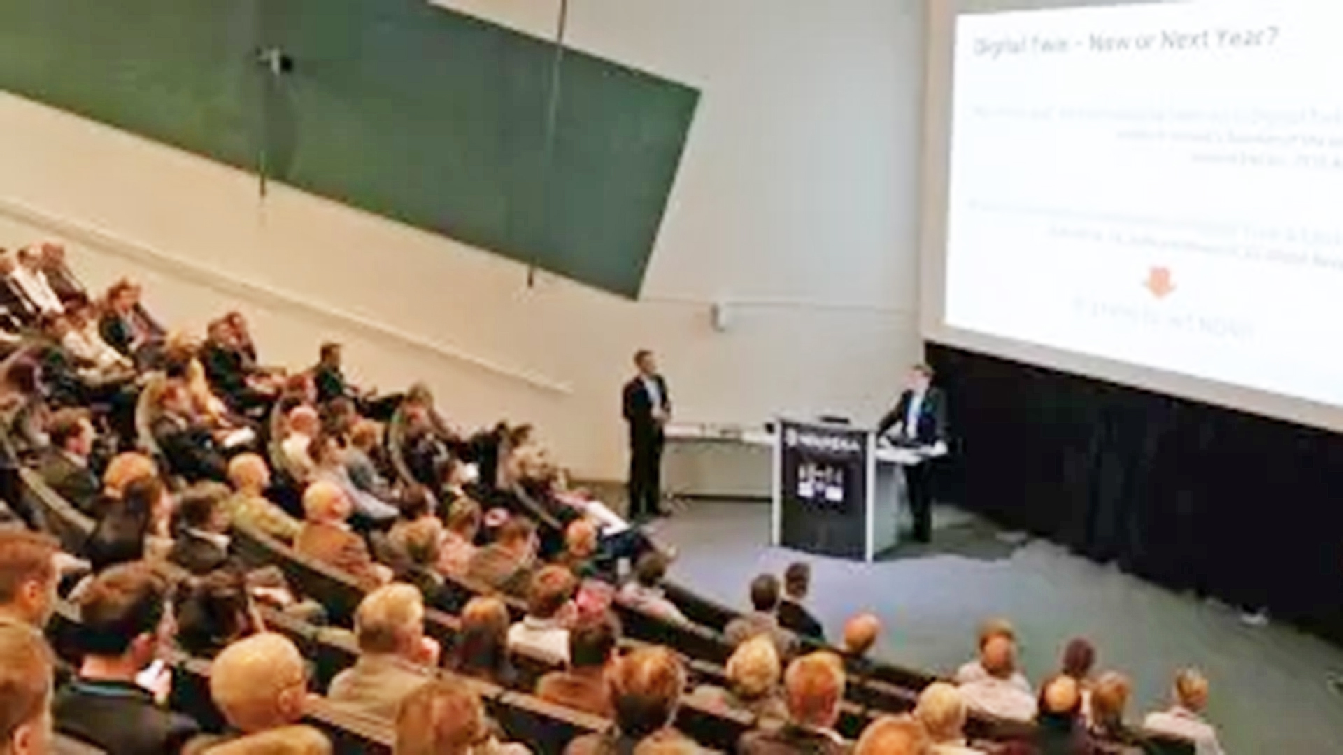 The audience and the main stage in Mevea Seminar 2016, at the Finnish Science Centre Heureka in Vantaa, Finland.