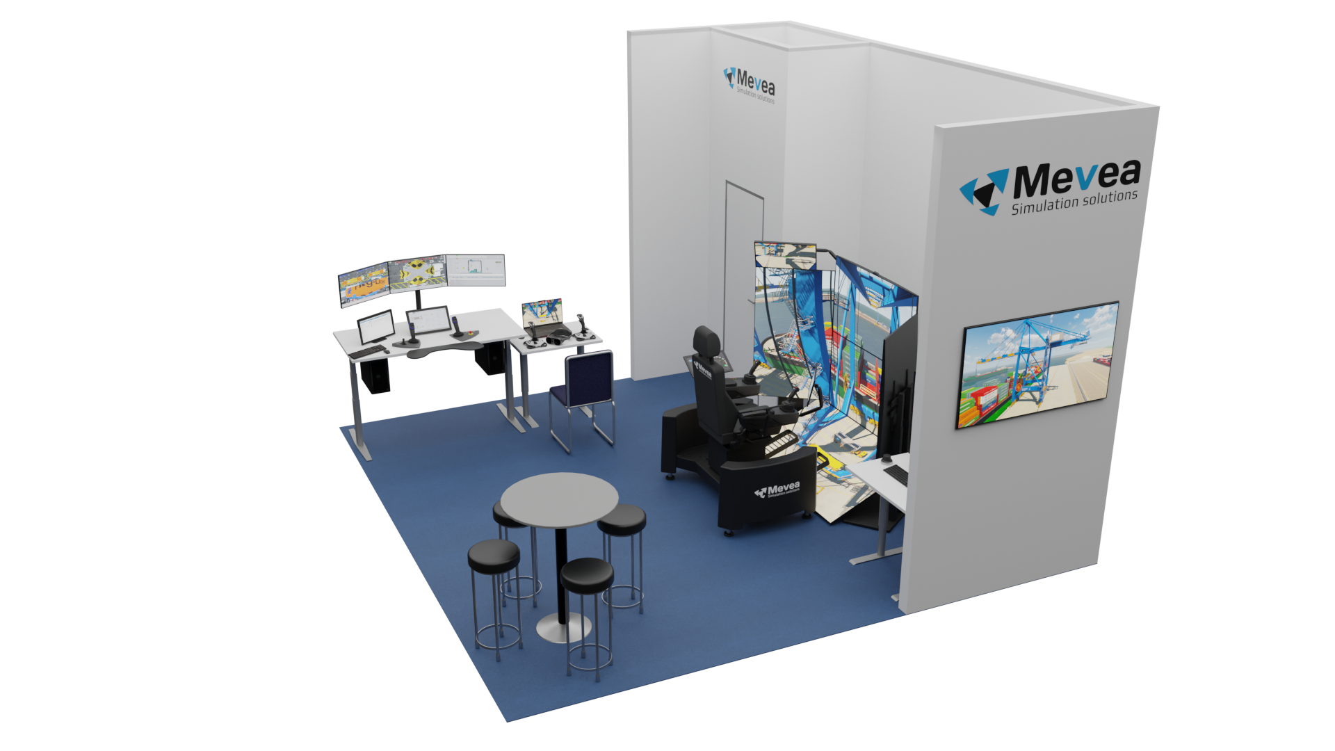 3D-illustration of Mevea stand and Mevea Pro Crane Simulator Platform at TOC Europe 2024.