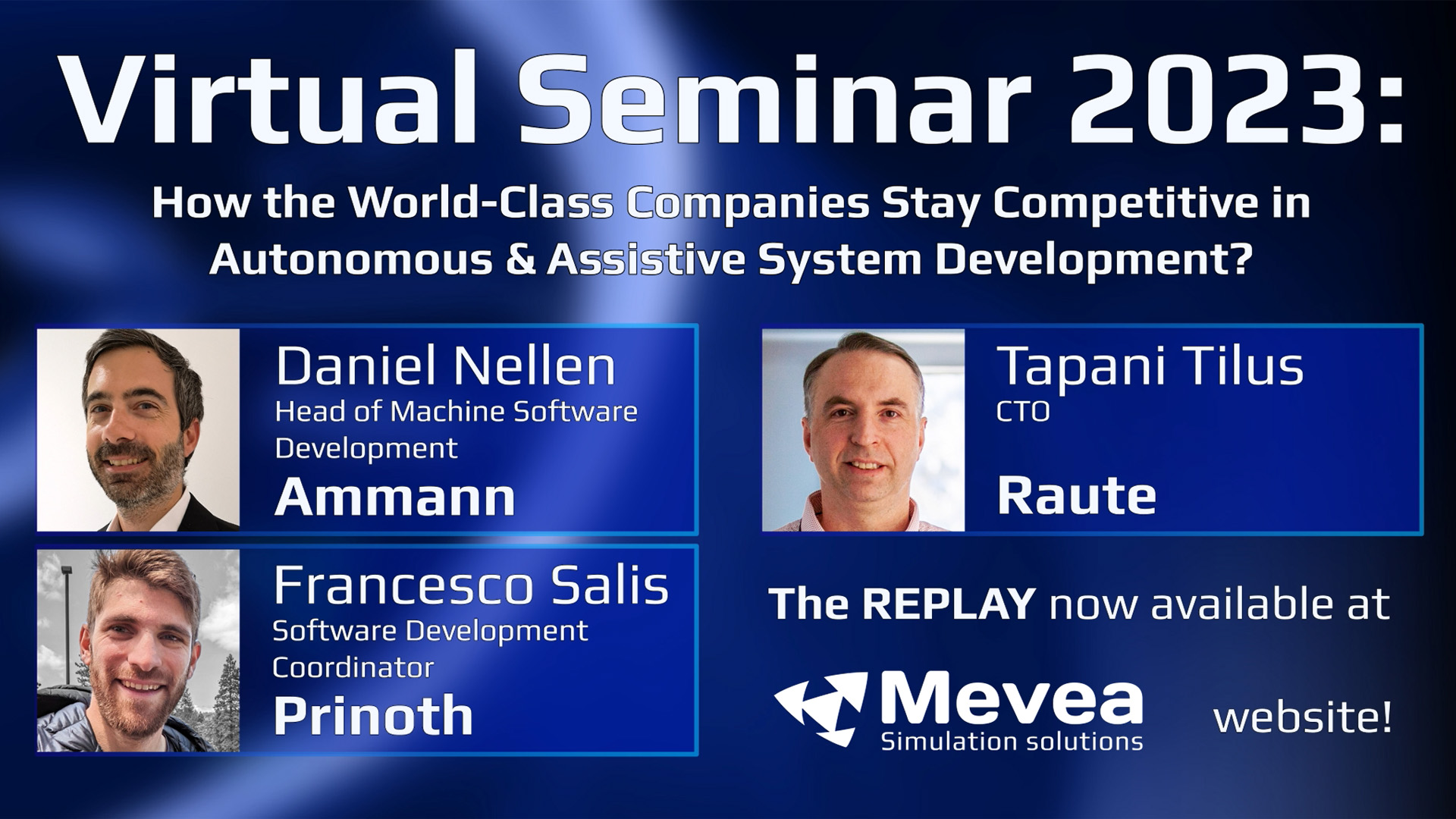 Promotional image of Mevea Seminar 2023 replay, introducing the keynote speakers.