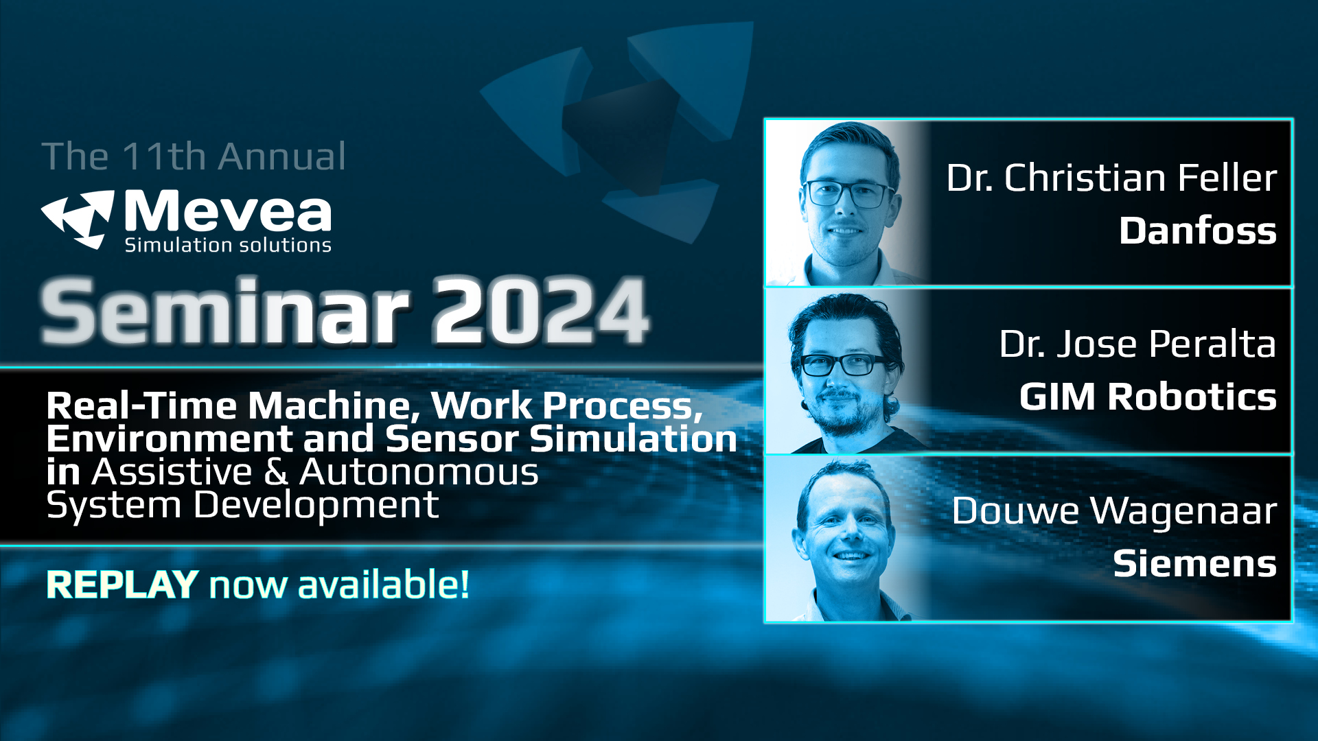 Mevea Seminar 2024 replay banner introducing the keynote speakers.