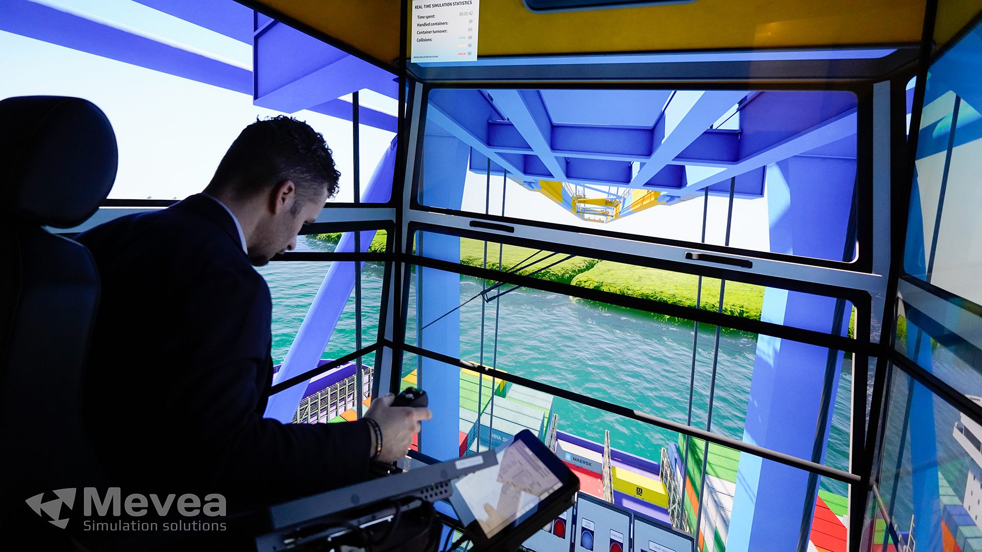 Mevea Pro 8 crane training simulator.